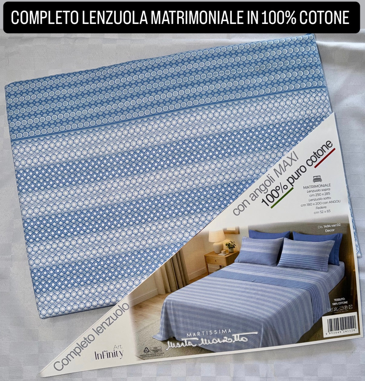 COMPLETO LENZUOLA MATRIMONIALE IN 100% COTONE , contiene Lenzuolo sopra, Lenzuolo sotto con angoli e due Federe