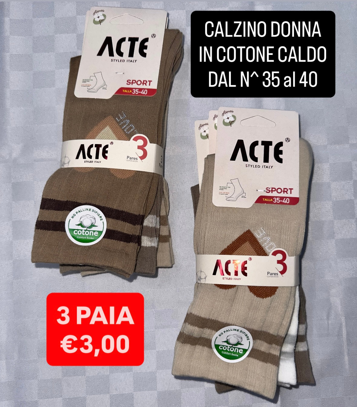 CALZINI DONNA SET DA 3 PAIA IN COTONE CALDO DAL NUMERO 35 al 40 (COLORE CASUALE)