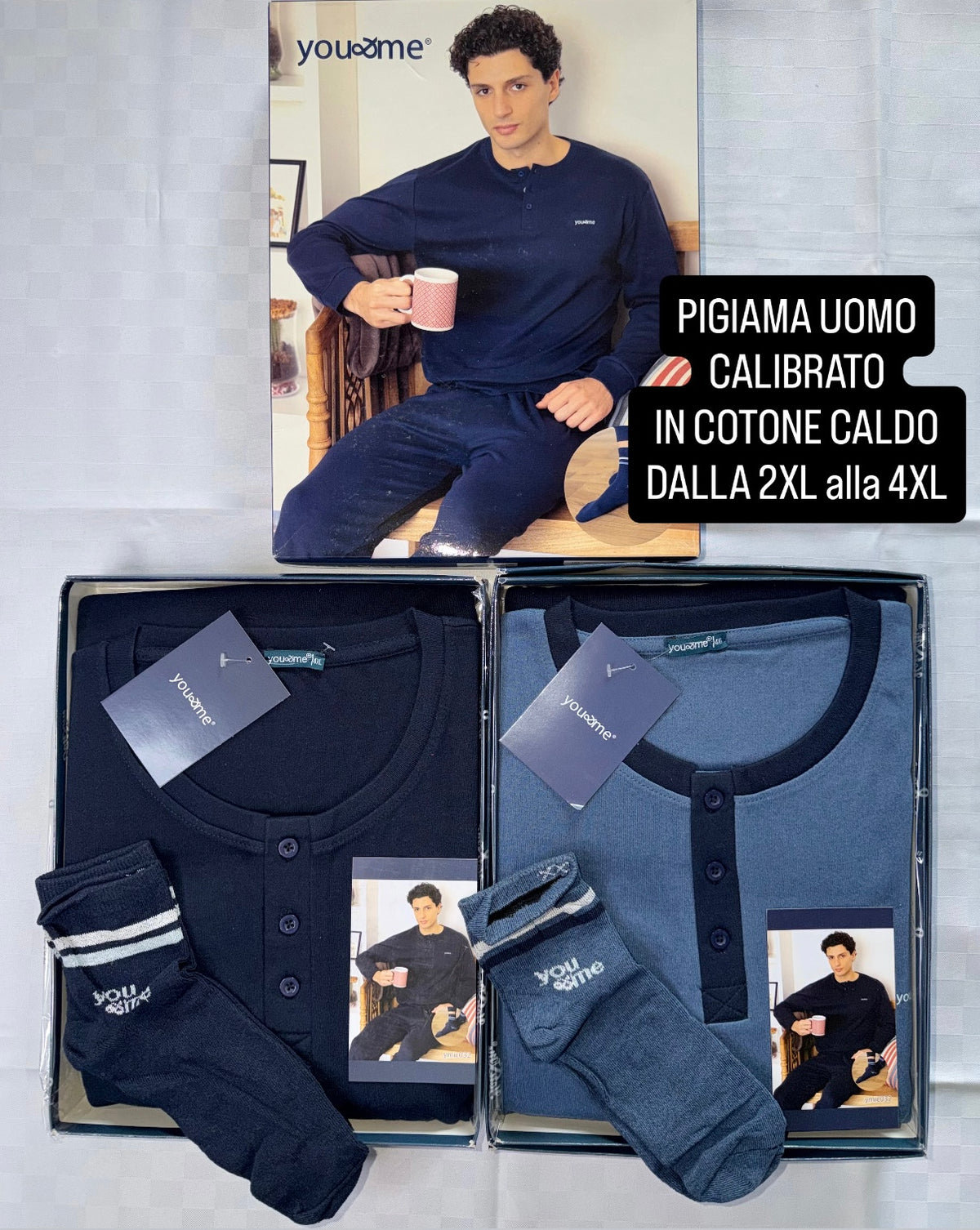PIGIAMA UOMO CALIBRATO  IN COTONE CALDO Manica lunga e Pantalone lungo (DALLA 2XL alla 4XL) Compreso di calzini in omaggio