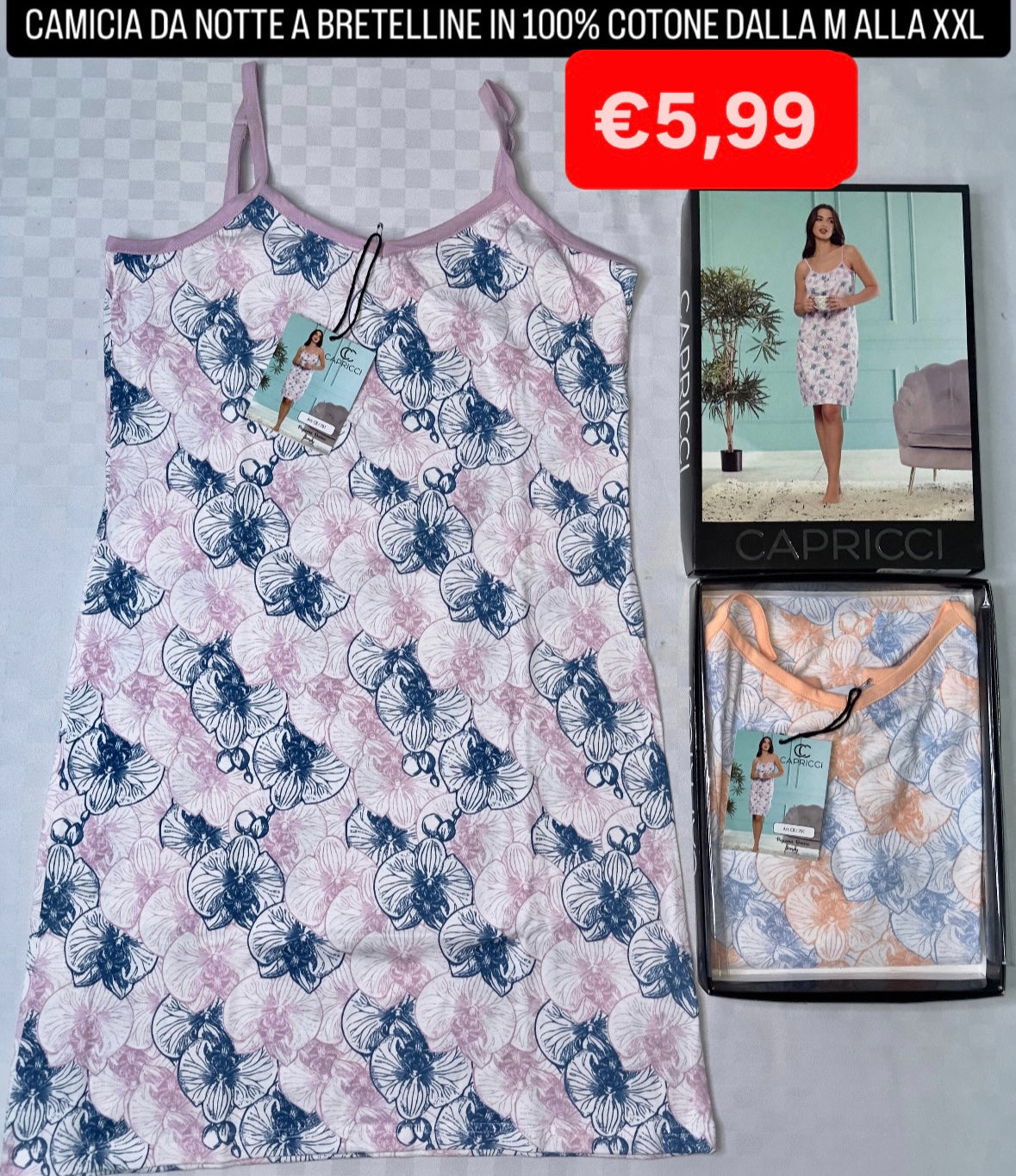 CAMICIA DA NOTTE BRETELLINE IN 100% COTONE