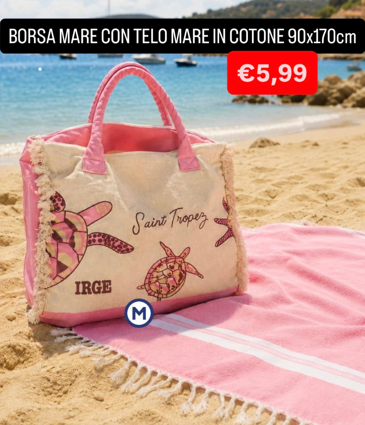 BORSA MARE CON TELO MARE IN COTONE misura 90x170cm