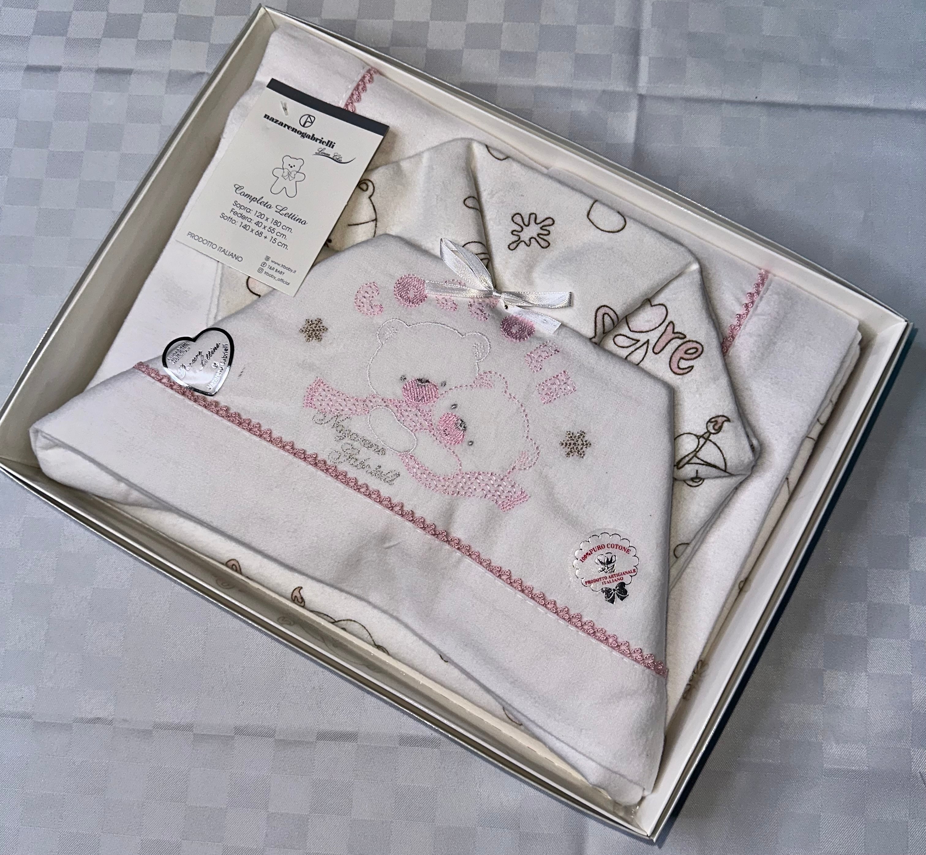 COMPOSE LENZUOLA NEONATO PER CULLA INVERNALE IN FLANELLA 100%  Lenzuolo sopra 120x180cm , Lenzuolo sotto con angoli 140x70cm e Federa 40x55cm