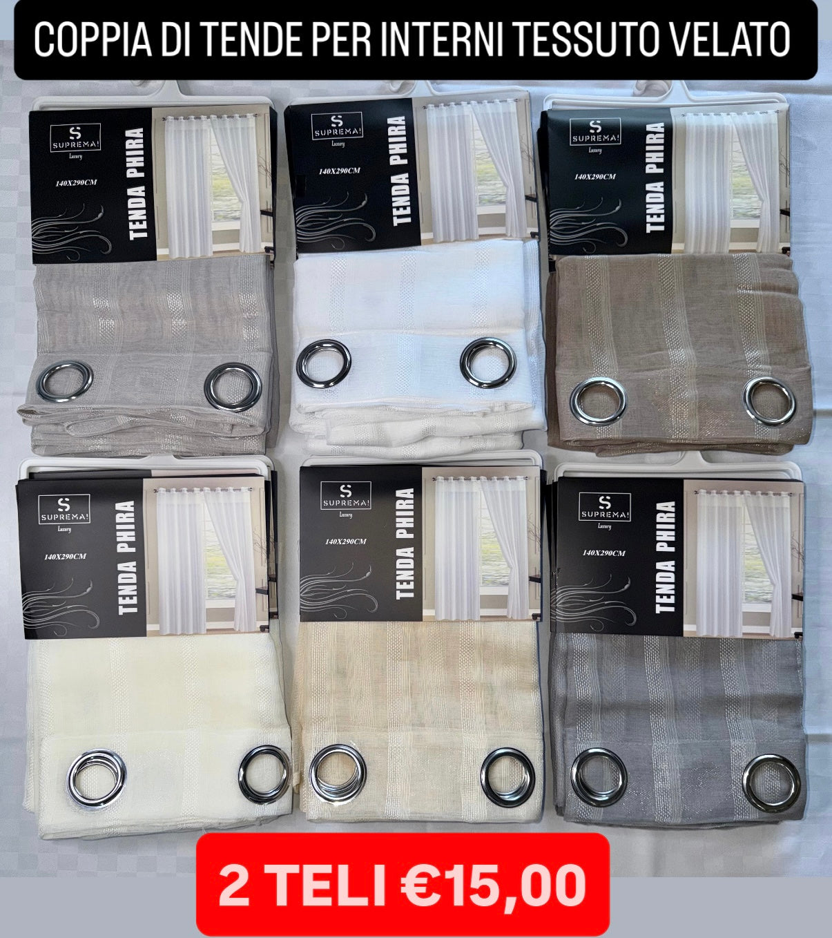 COPPIA DI TENDE PER INTERNI VELATE CONFEZIONE DA 2 TELI (OGNI TELO MISURA 140x290cm) art. Phira