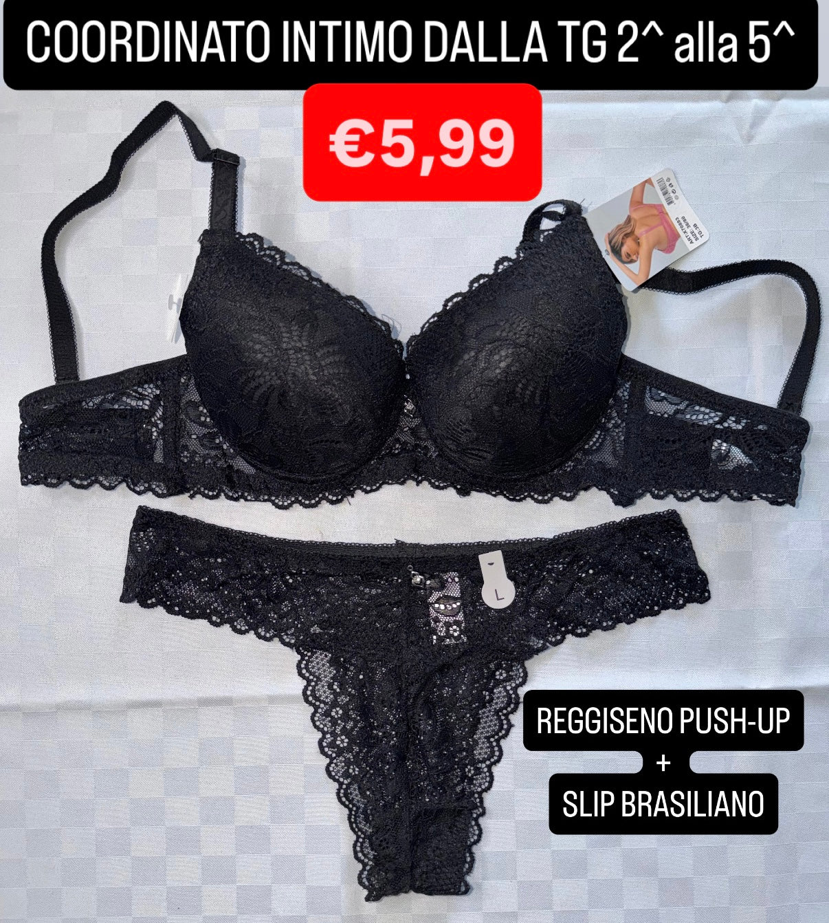COORDINATO INTIMO con pizzo Reggiseno push-up e Slip brasiliano