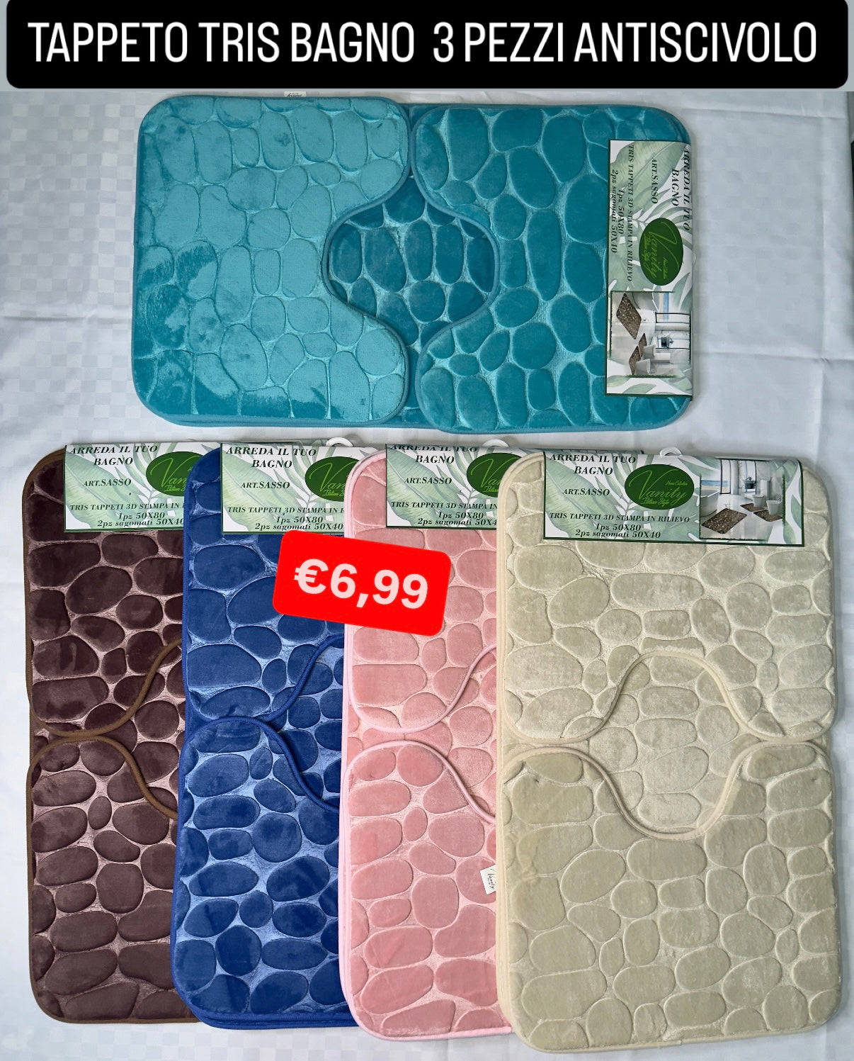 TRIS TAPPETO BAGNO 3 PEZZI ANTISCIVOLO ( 1 Pezzo 50x80cm e 2 Pezzi 50x40cm)