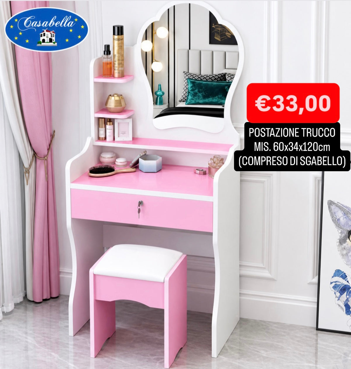 SET POSTAZIONE TRUCCO BALLERINA misura 120x50x32cm (COMPRESO DI SGABELLO) art.39026 colore Rosa