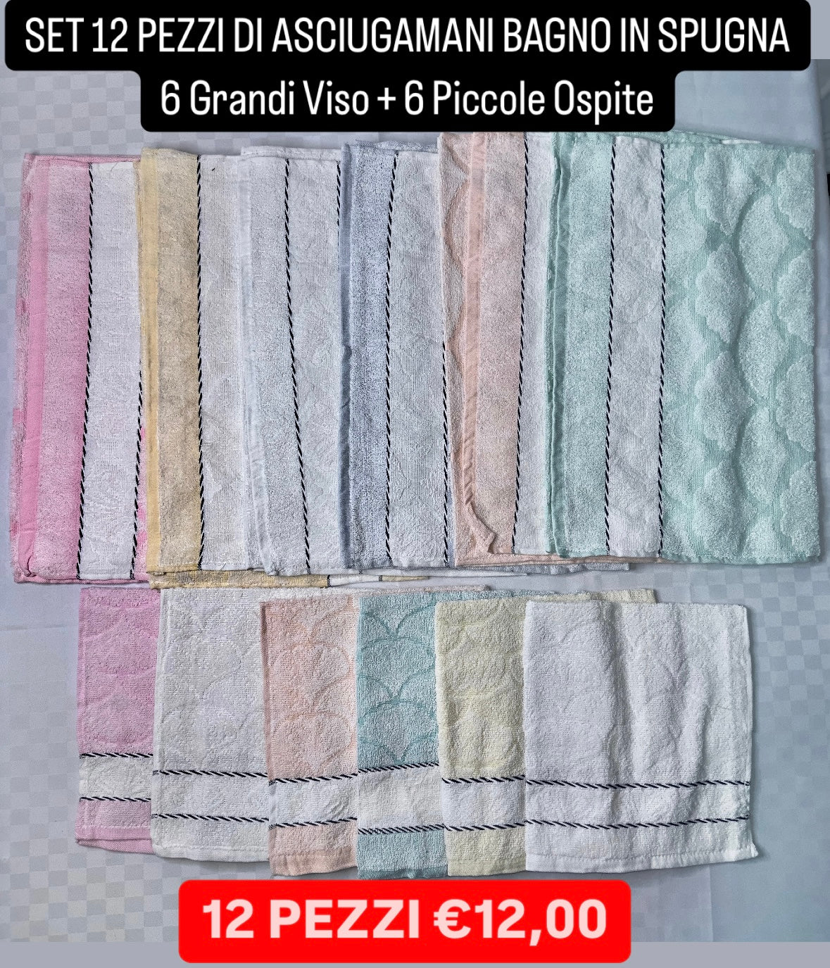 SET 12 PEZZI DI ASCIUGAMANI BAGNO IN SPUGNA 6 Grandi Viso + 6 Piccole Ospite