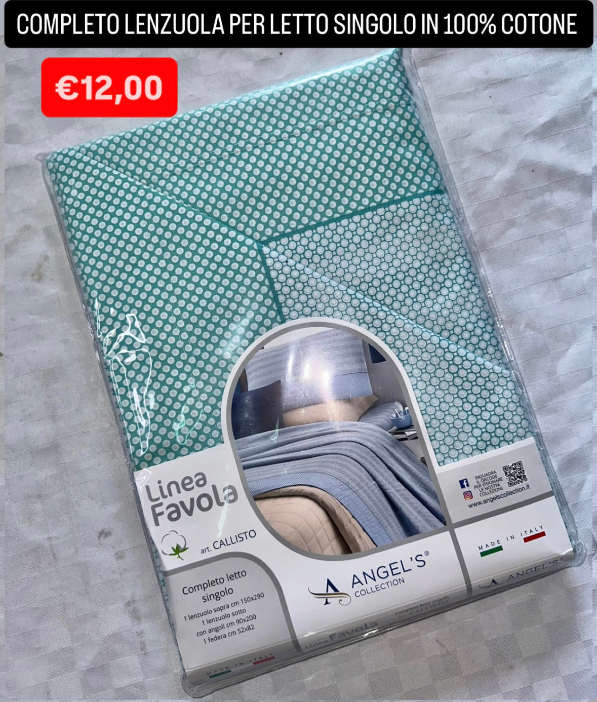 COMPLETO LENZUOLA SINGOLO IN 100% COTONE Lenzuolo sopra,Lenzuolo sotto con angoli e Federa