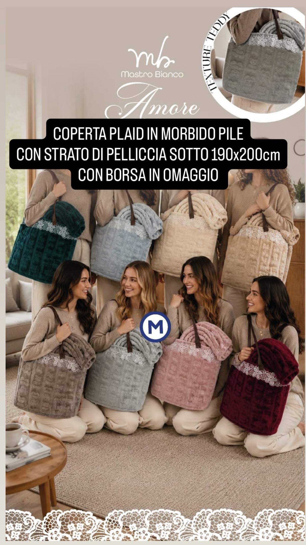 COPERTA PLAID IN MORBIDO PILE CON STRATO DI PELLICCIA SOTTO misura 190x200cm (COMPRESA DI BORSA IN OMAGGIO)