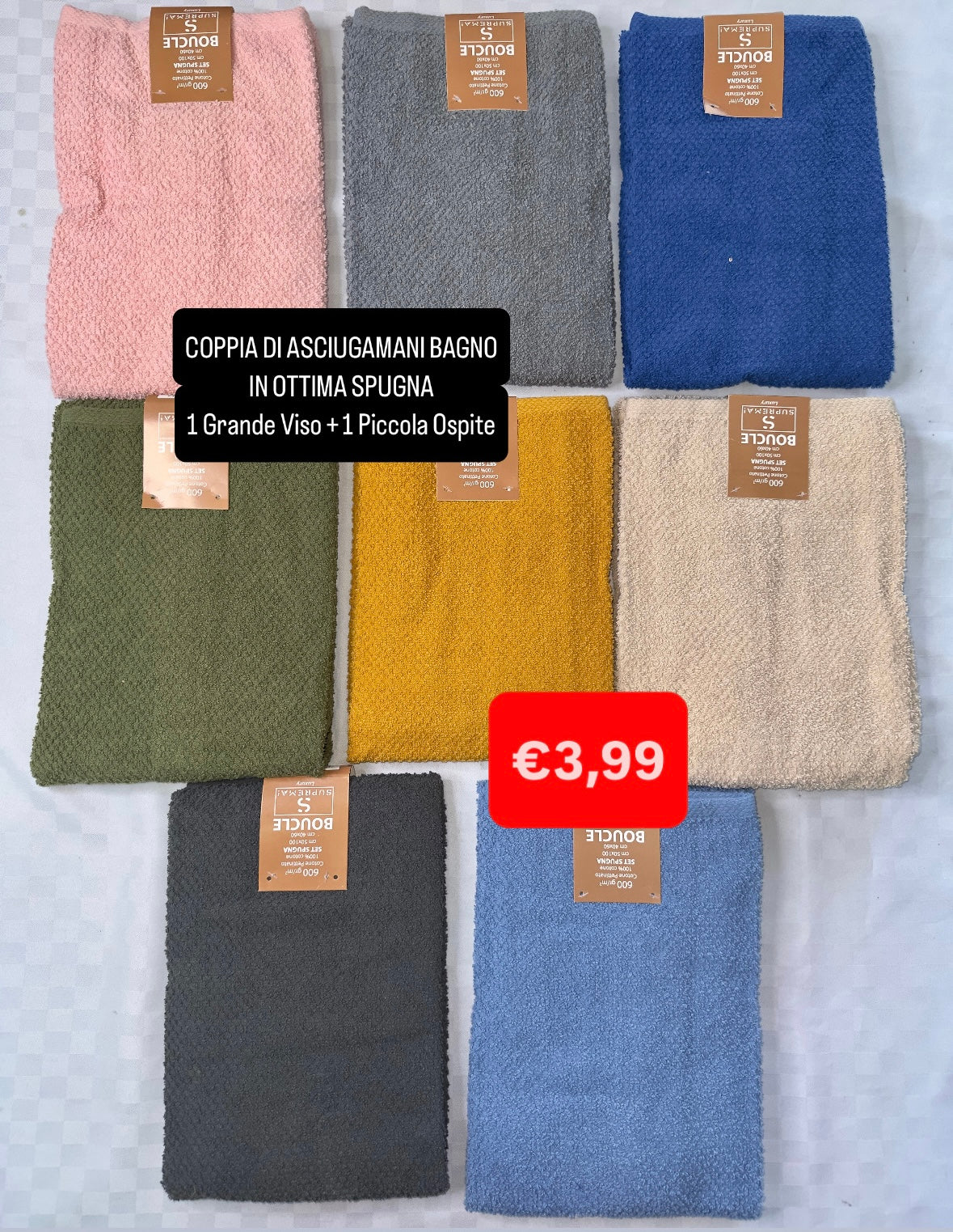 COPPIA DI ASCIUGAMANI BAGNO IN SPUGNA 600gr 1 Grande Viso + 1 Piccola Ospite