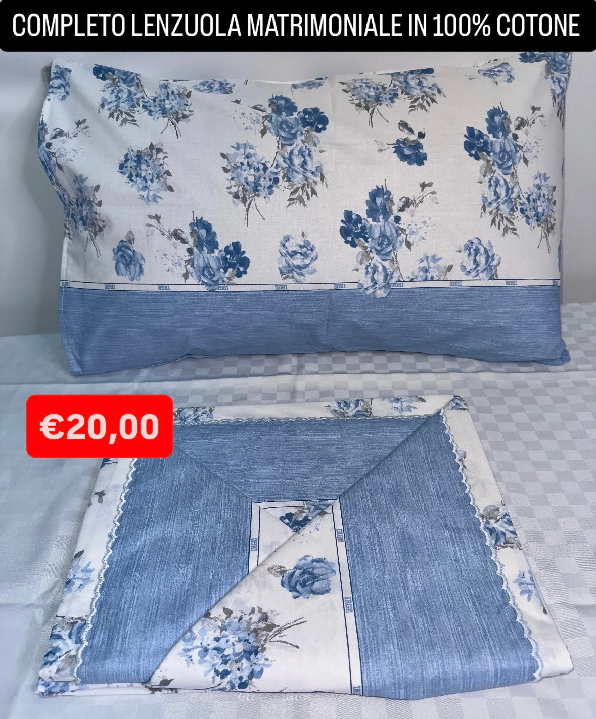 COMPLETO LENZUOLA MATRIMONIALE IN 100% COTONE Lenzuolo sopra, Lenzuolo sotto con angoli e due Federe