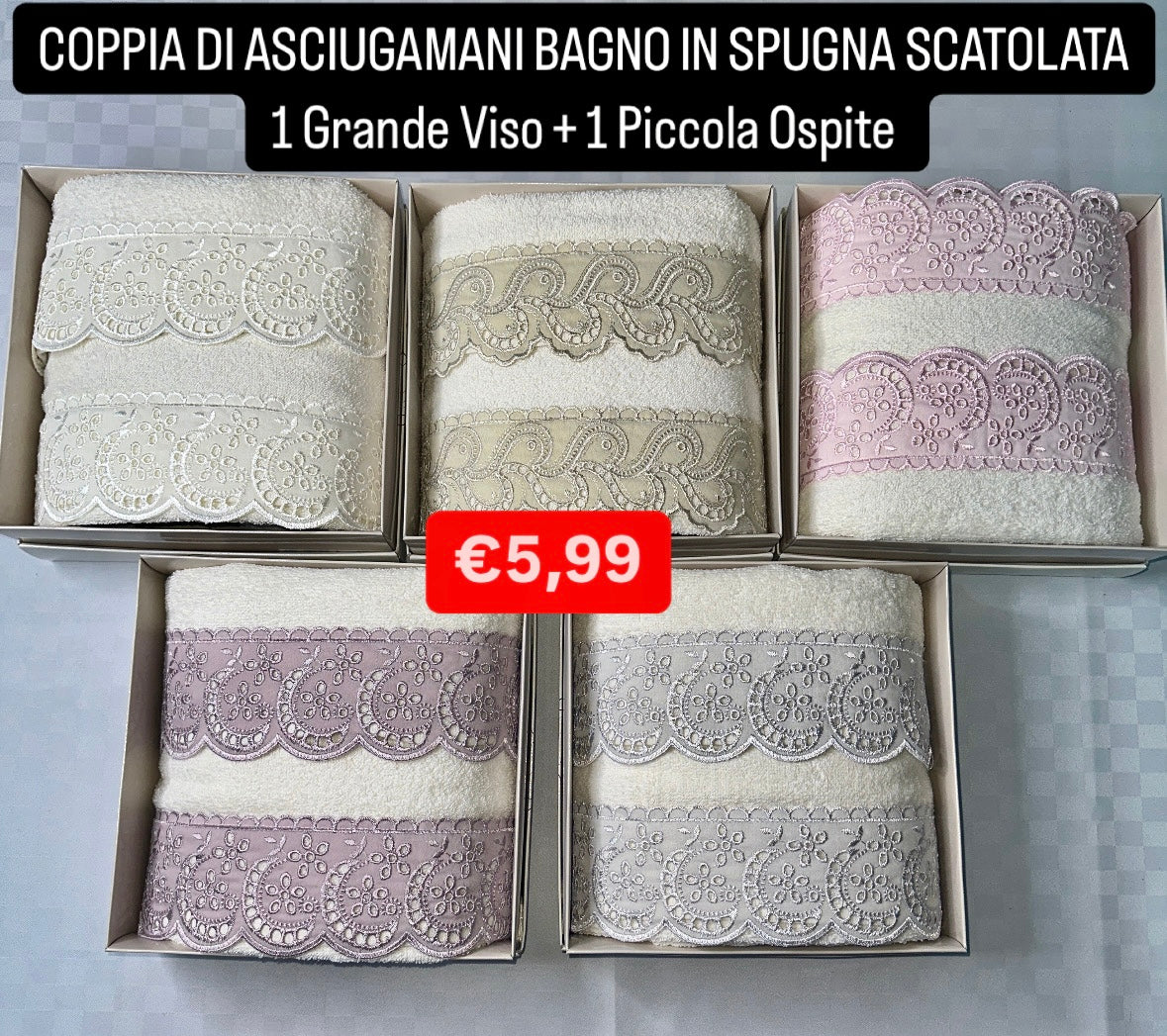 COPPIA DI ASCIUGAMANI BAGNO IN SPUGNA SCATOLATA  1 Grande Viso + 1 Piccola Ospite