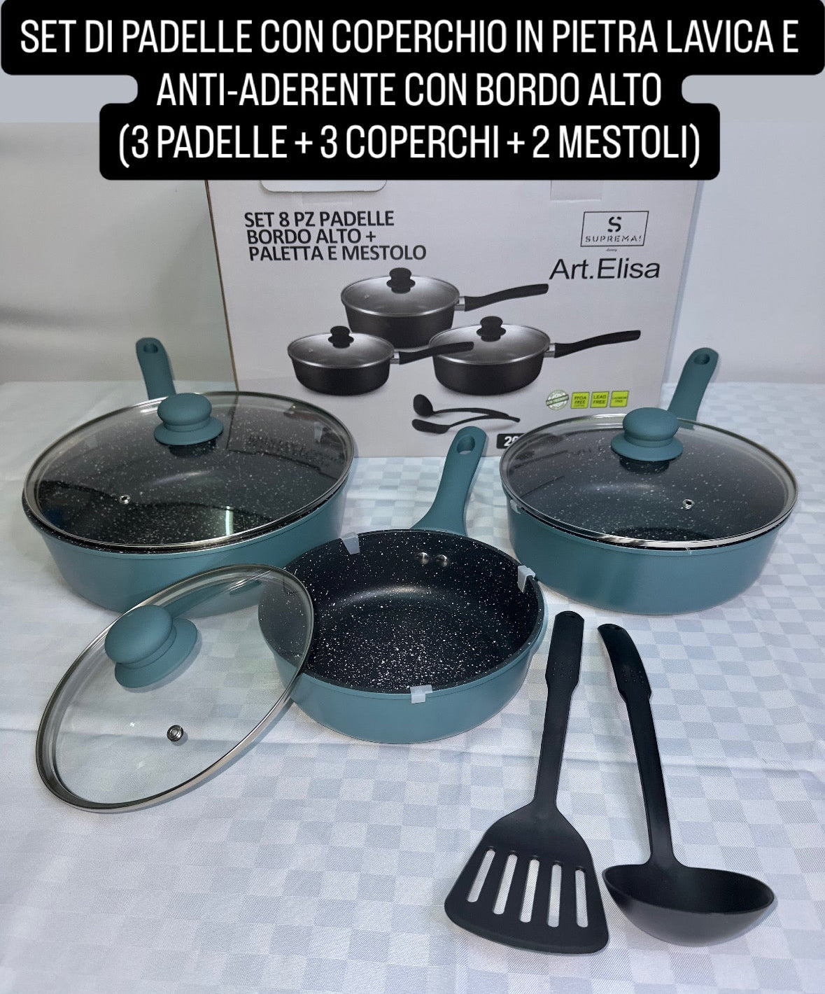 SET DI PADELLE IN PIETRA LAVICA E ANTI-ADERENTE CON BORDO ALTO contiene 3 Padelle, 3 Coperchi e a Mestoli