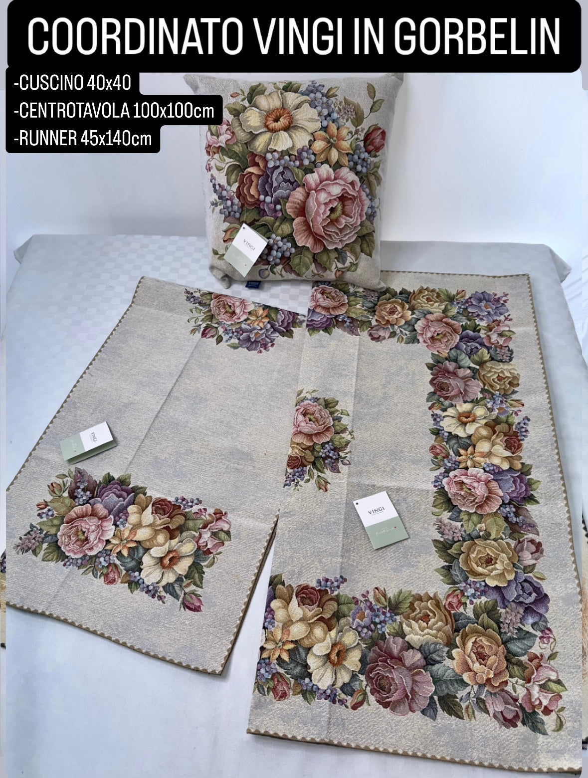 COORDINATO VINGI IN GORBELIN Cuscino 40x40cm, Centrotavola 100x100cm e Runner 45x140cm