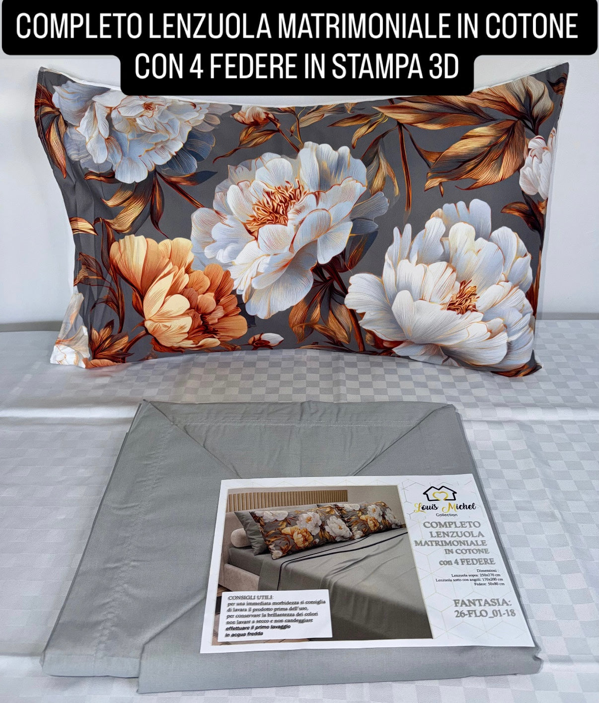 COMPLETO LENZUOLA MATRIMONIALE IN COTONE contiene LENZUOLO SOPRA, LENZUOLO SOTTO E 4 FEDERE IN STAMPA 3D
