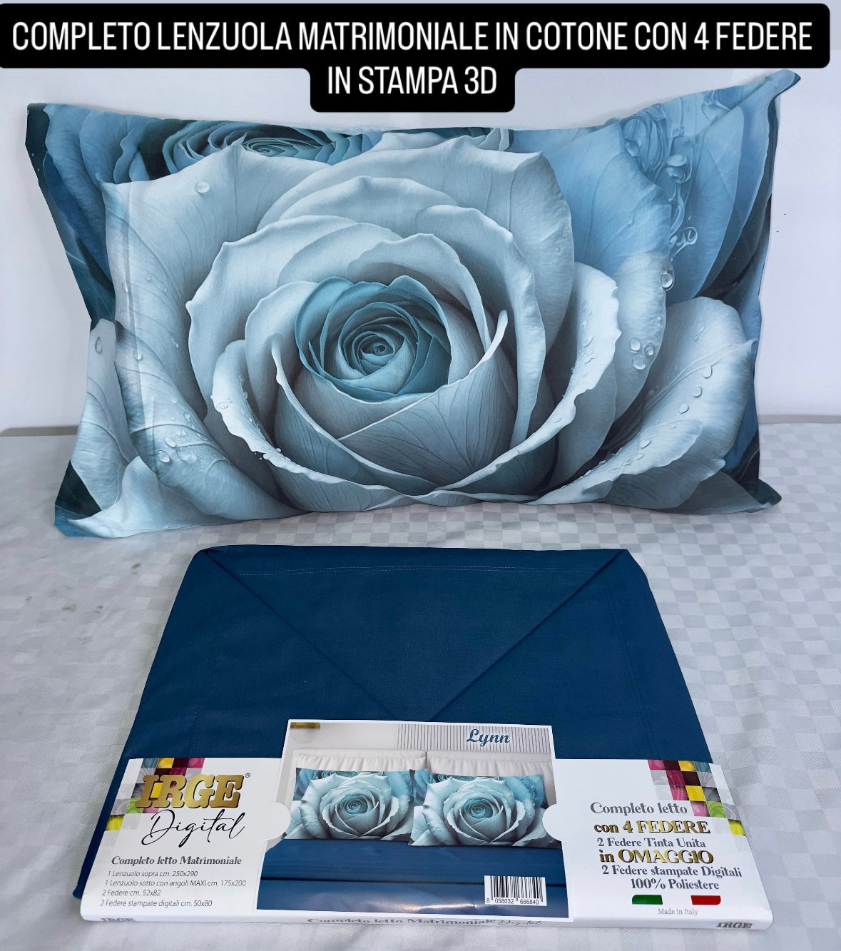 COMPLETO LENZUOLA MATRIMONIALE IN COTONE, LENZUOLO SOPRA, LENZUOLO SOTTO E 4 FEDERE IN STAMPA 3D