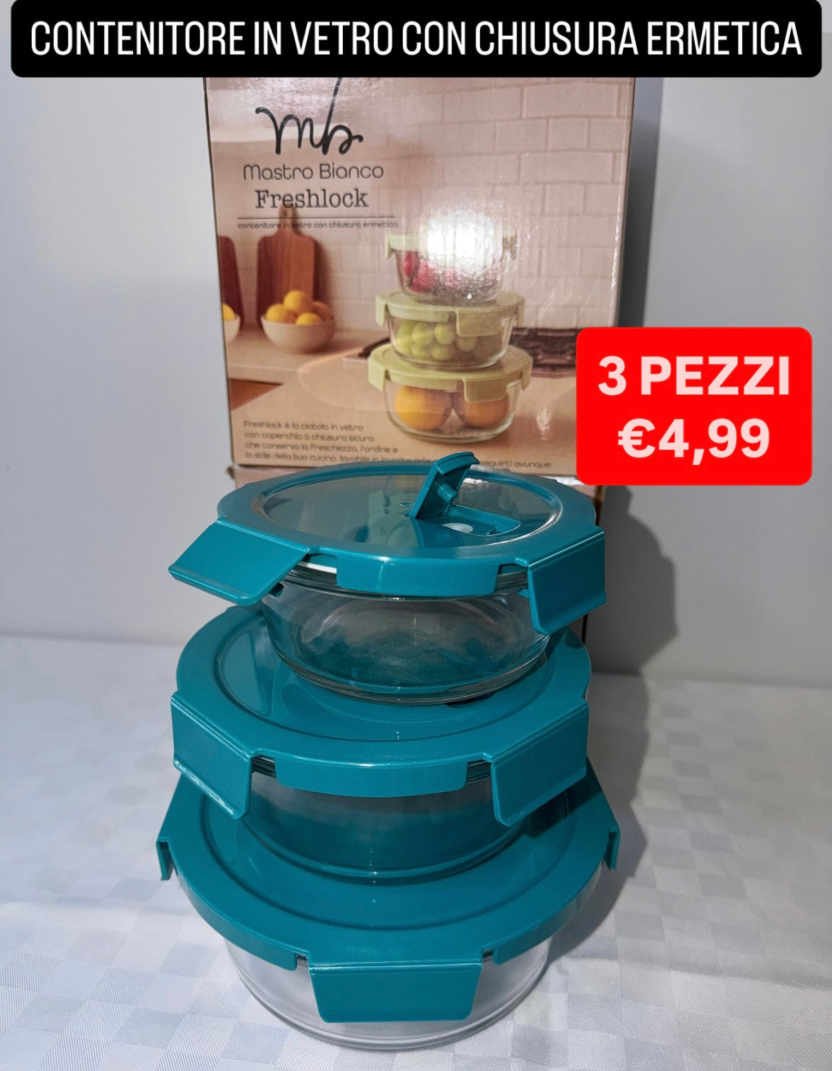 CONTENITORE IN VETRO CON CHIUSURA ERMETICA CONFEZIONE DA 3 PEZZI (Colore del tappo casuale)