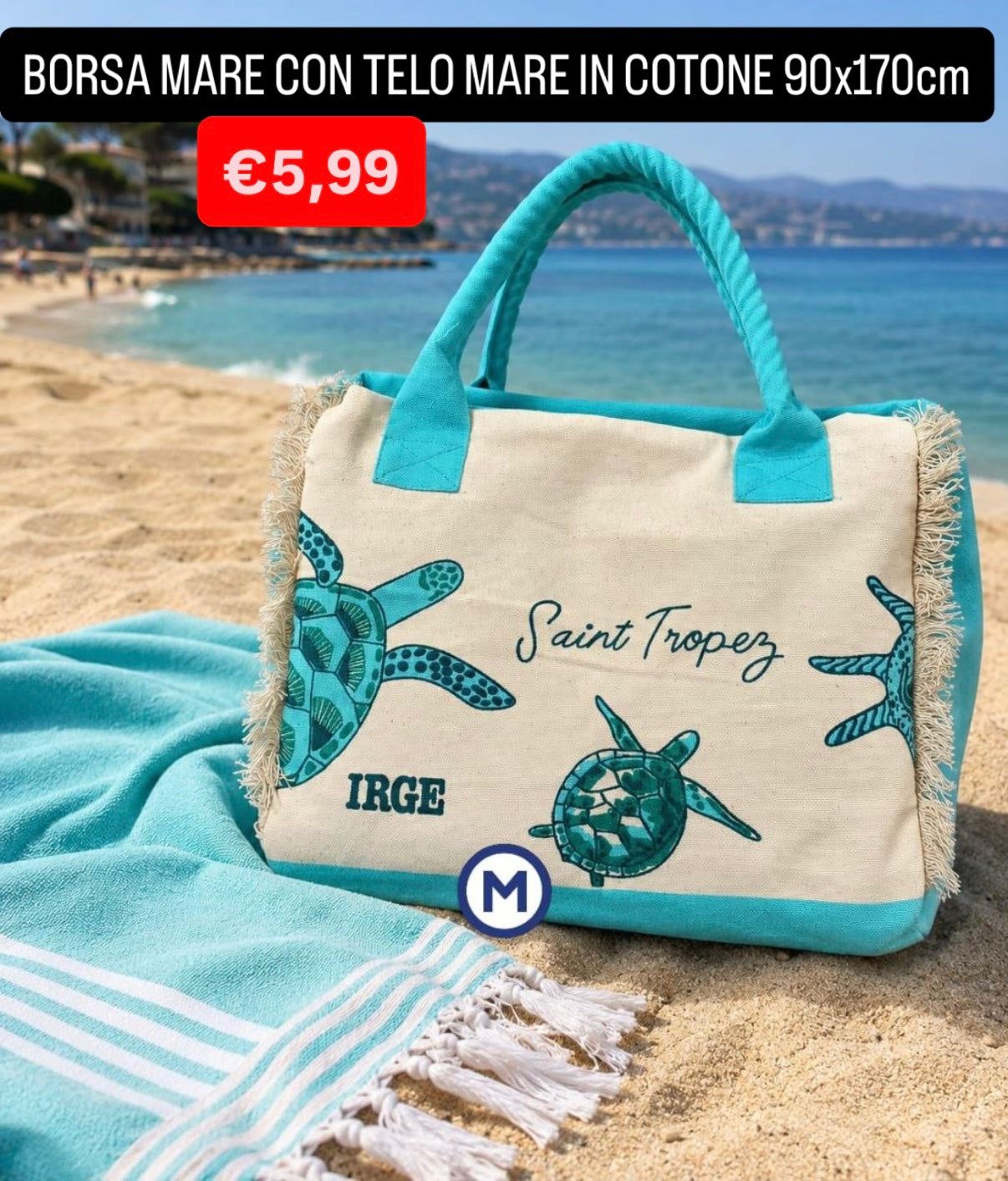 BORSA MARE CON TELO MARE IN COTONE misura 90x170cm