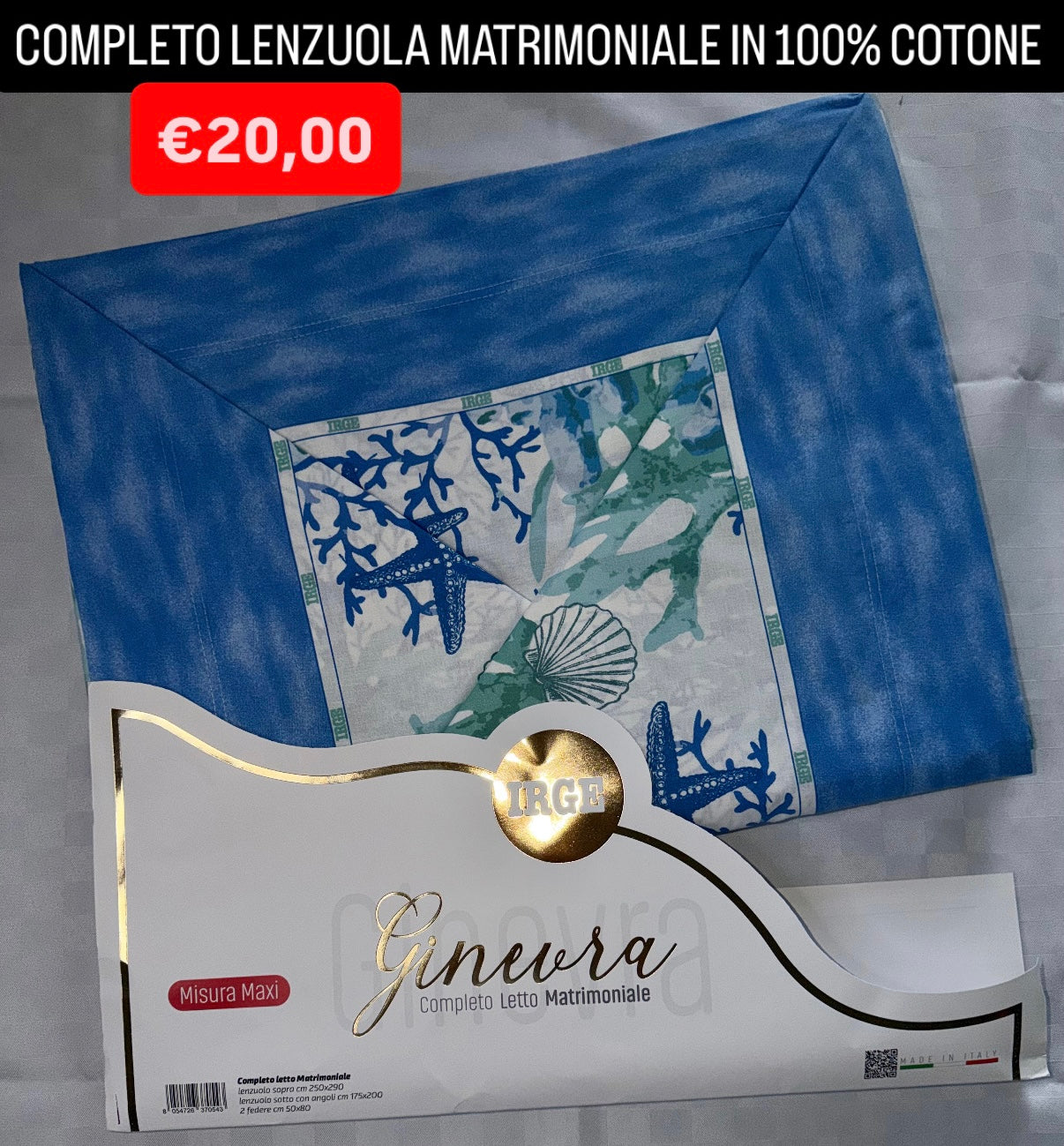 COMPLETO LENZUOLA MATRIMONIALE IN 100% COTONE , contiene Lenzuolo sopra, Lenzuolo sotto con angoli e due Federe