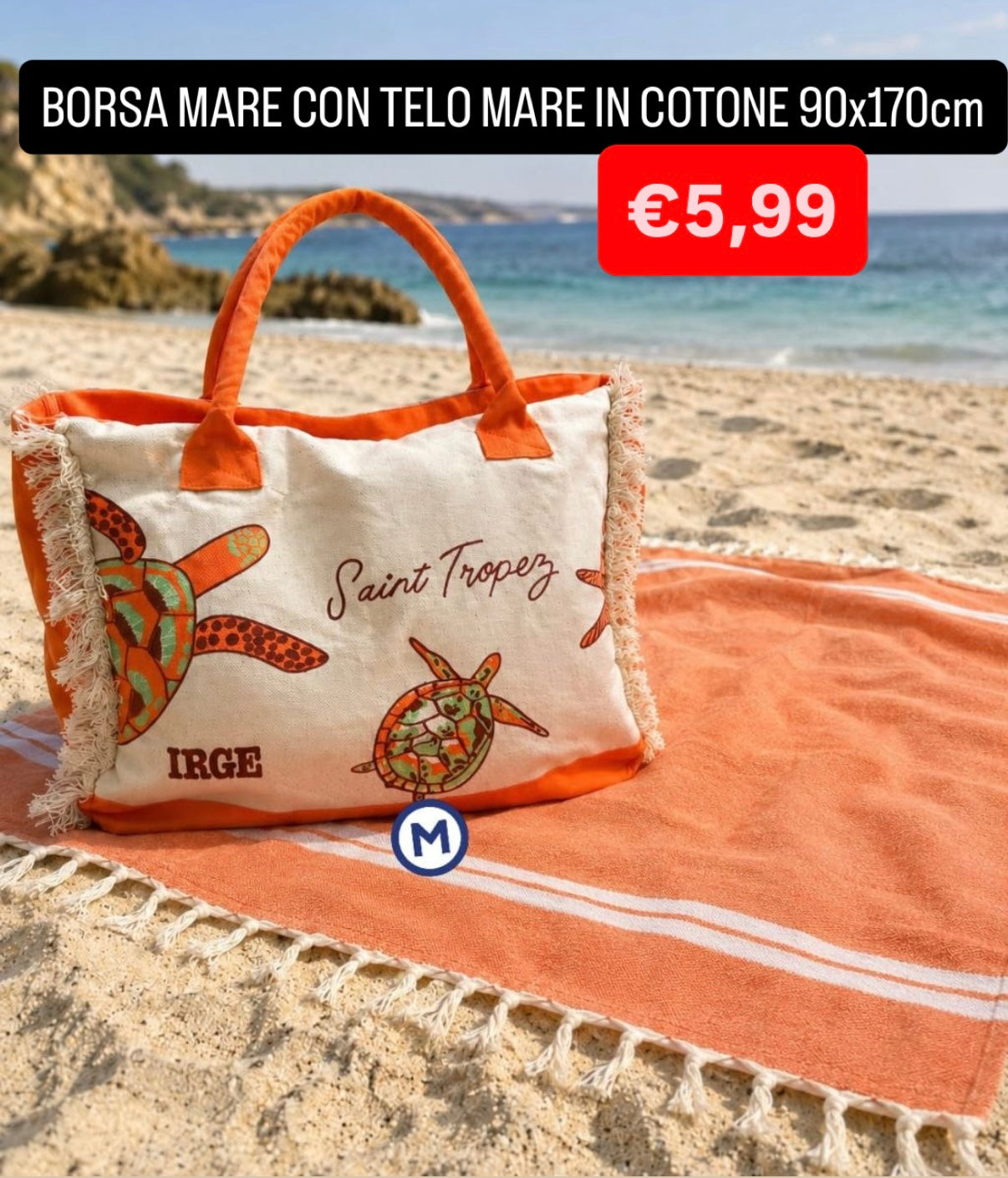 BORSA MARE CON TELO MARE IN COTONE misura 90x170cm