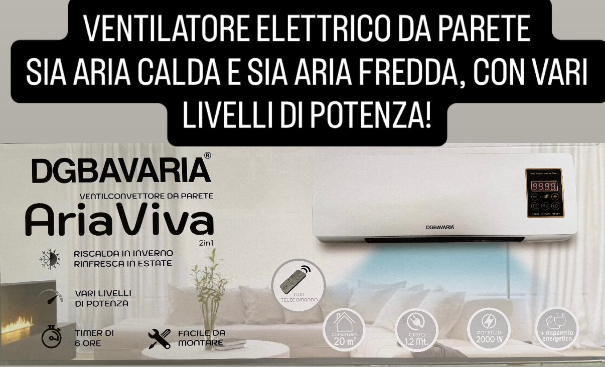 VENTILATORE ELETTRICO DA PARETE SIA ARIA CALDA E SIA ARIA FREDDA, VARI LIVELLI DI POTENZA CON TELECOMANDO