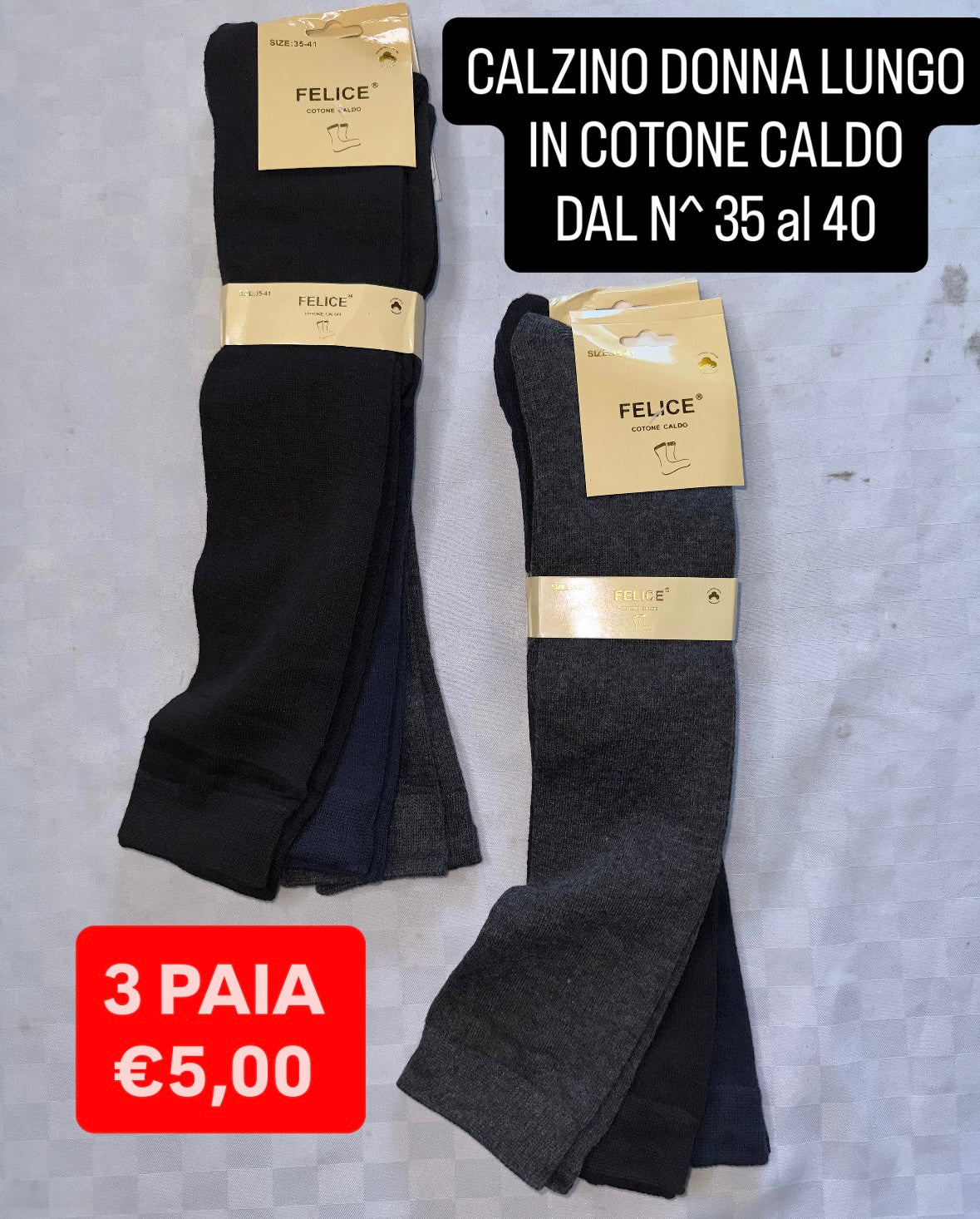 CALZINO LUNGO DONNA IN COTONE CALDO DAL NUMERO 35 al 40 SET DA 3 PAIA