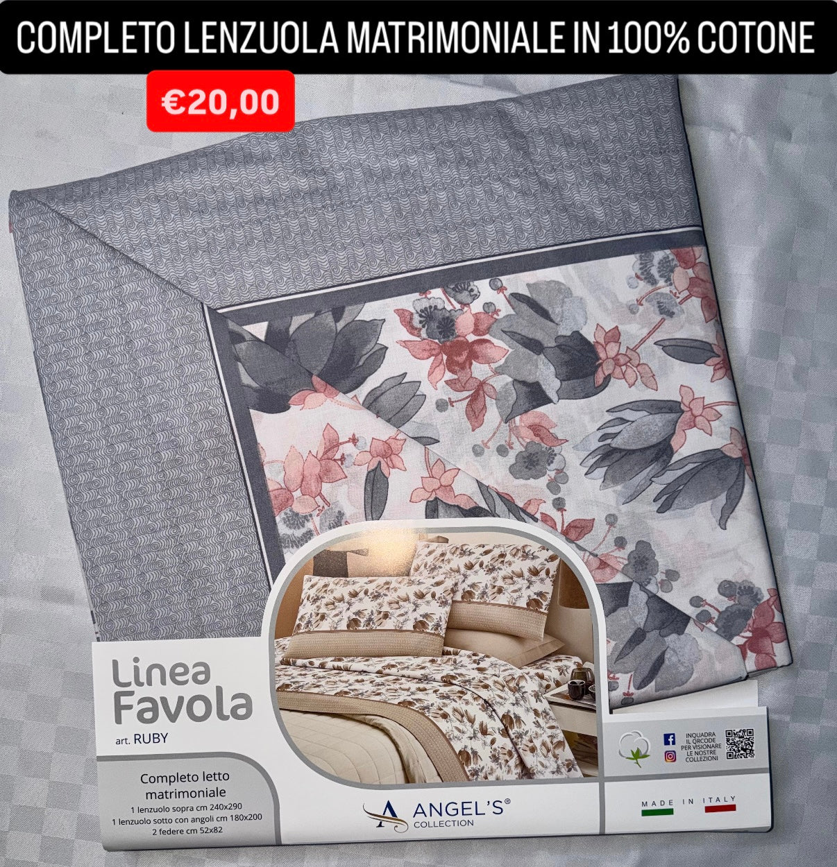 COMPLETO LENZUOLA MATRIMONIALE IN 100% COTONE , contiene Lenzuolo sopra, Lenzuolo sotto con angoli e due Federe