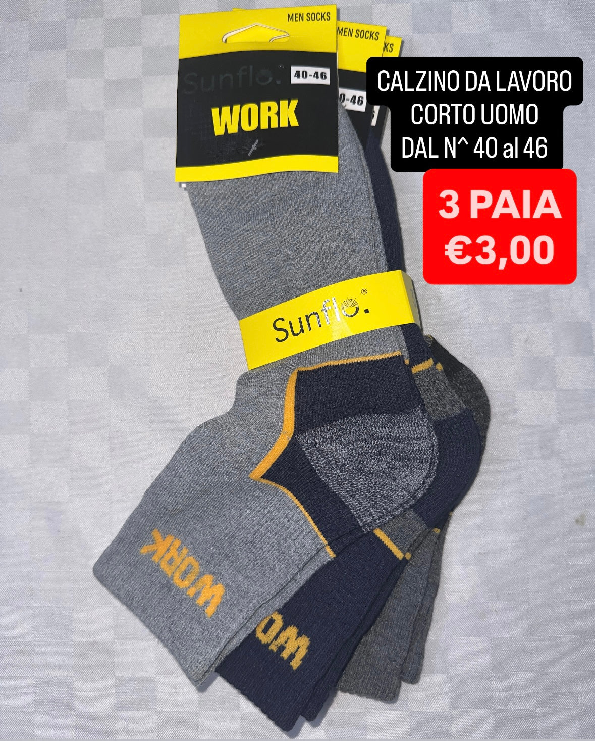 CALZINO DA LAVORO CORTO UOMO SET DA 3 PAIA  DAL NUMERO 40 al 46 (COLORE CASUALE)