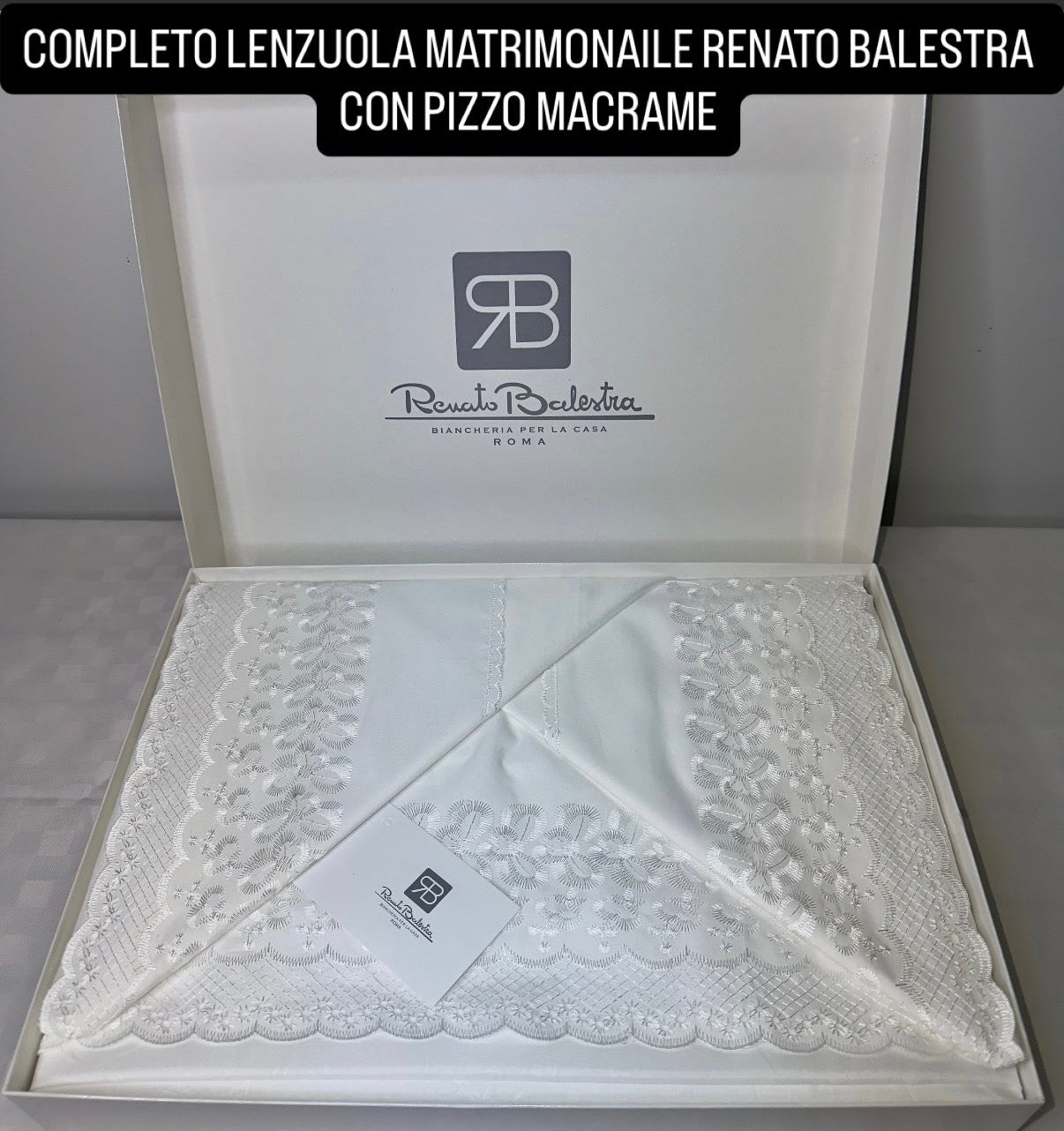 COMPLETO LENZUOLA MATRIMONIALE RENATO BALESTRA CON PIZZO MACRAME (Lenzuolo sopra,Lenzuolo sotto con angoli e due federe)