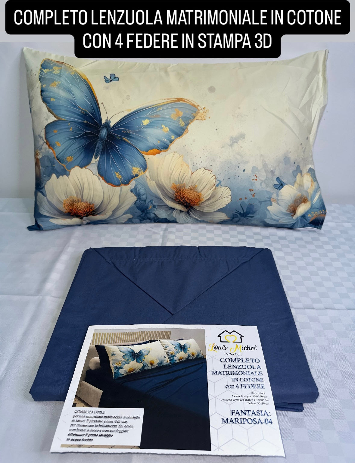 COMPLETO LENZUOLA MATRIMONIALE IN COTONE, LENZUOLO SOPRA, LENZUOLO SOTTO E 4 FEDERE IN STAMPA 3D