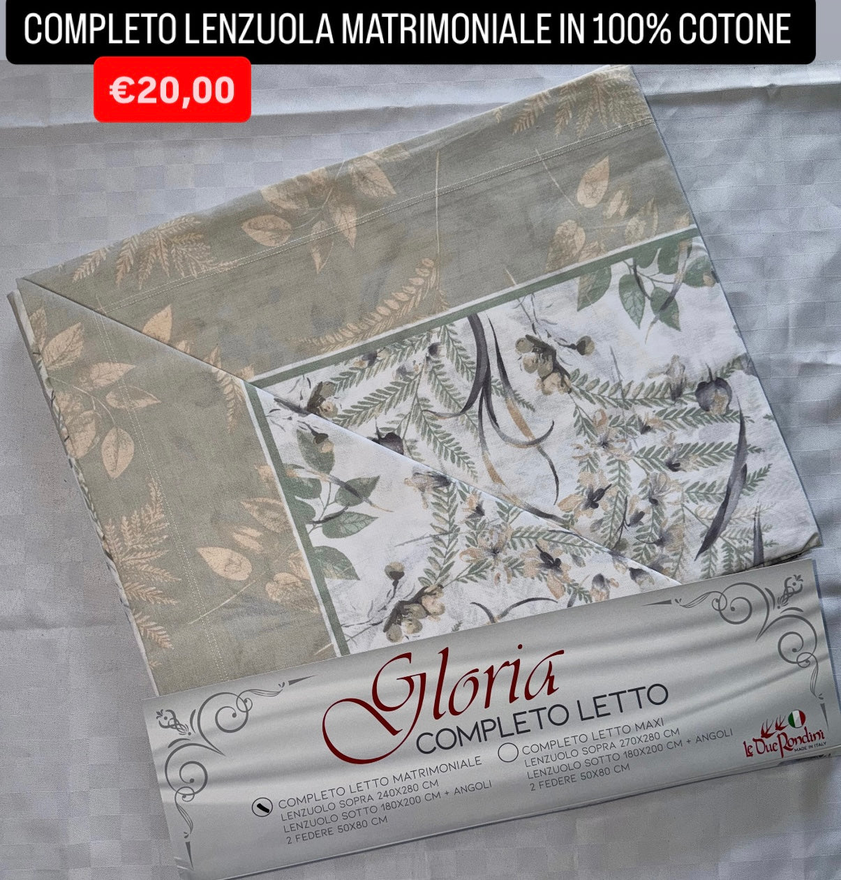 COMPLETO LENZUOLA MATRIMONIALE IN 100% COTONE , contiene Lenzuolo sopra, Lenzuolo sotto con angoli e due Federe