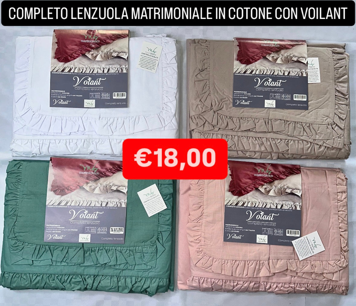 COMPLETO LENZUOLA MATRIMONIALE CON VOILANT IN COTONE Lenzuolo sopra, Lenzuolo sotto con angoli e Due Federe