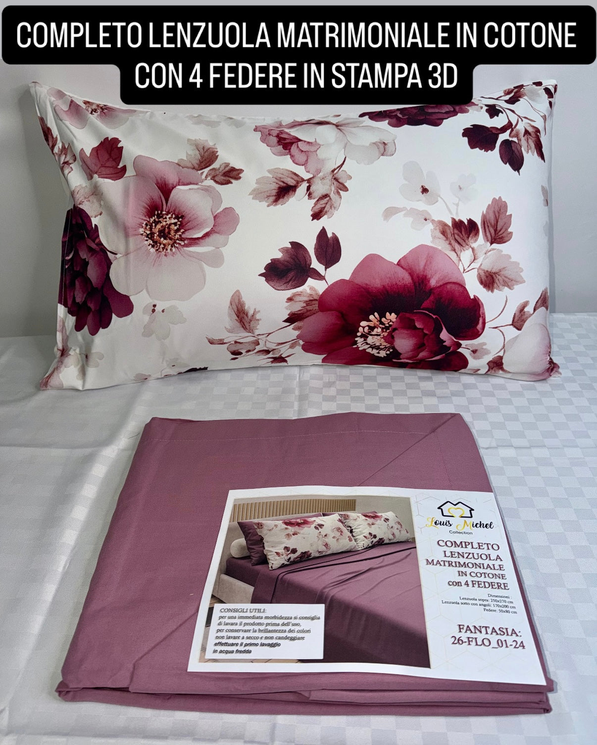 COMPLETO LENZUOLA MATRIMONIALE IN COTONE contiene LENZUOLO SOPRA, LENZUOLO SOTTO E 4 FEDERE IN STAMPA 3D