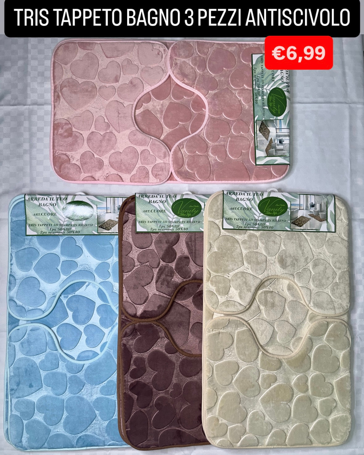 TRIS TAPPETO BAGNO 3 PEZZI ANTISCIVOLO ( 1 Pezzo 50x80cm e 2 Pezzi 50x40cm)