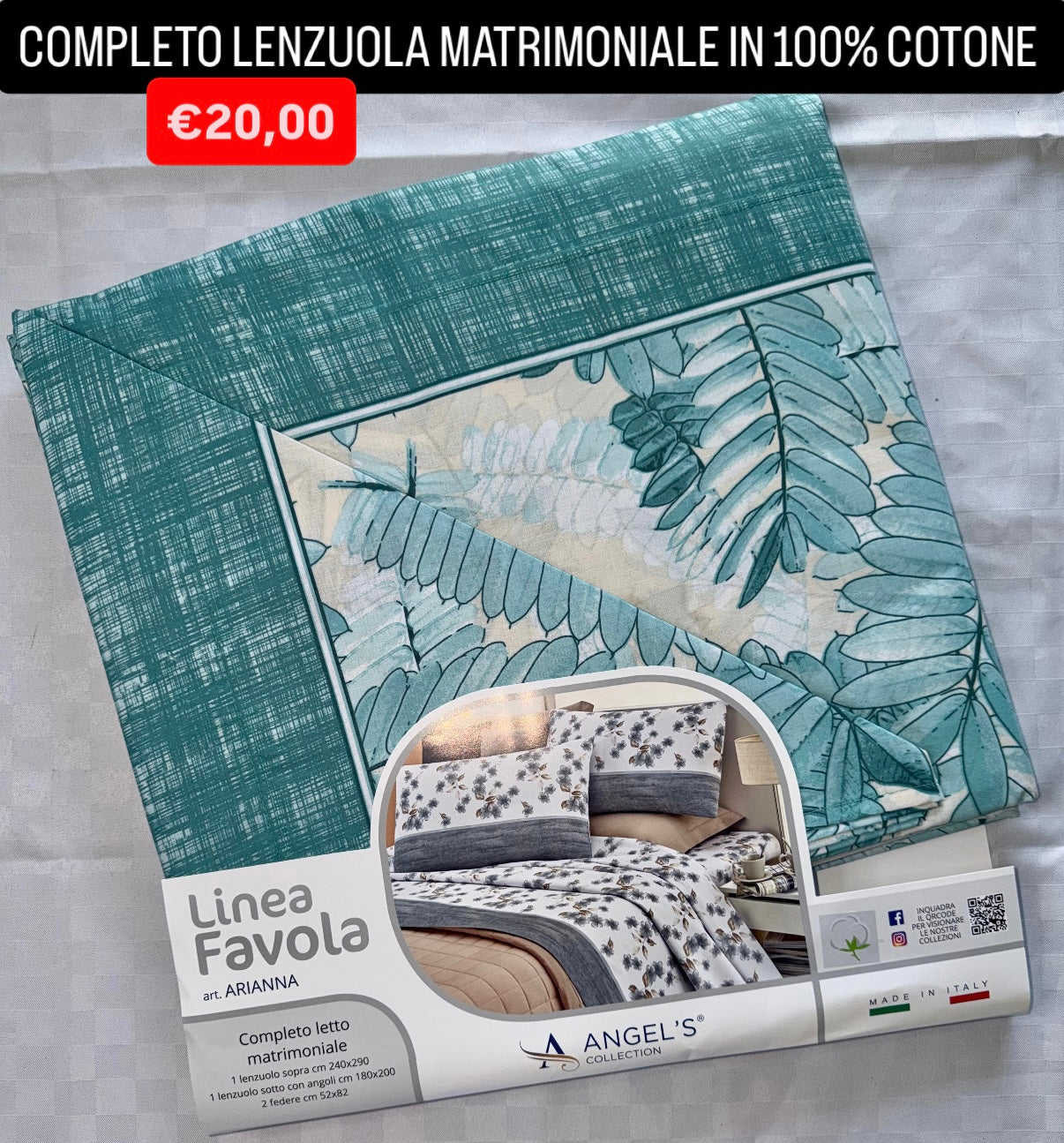 COMPLETO LENZUOLA MATRIMONIALE IN 100% COTONE , contiene Lenzuolo sopra, Lenzuolo sotto con angoli e due Federe