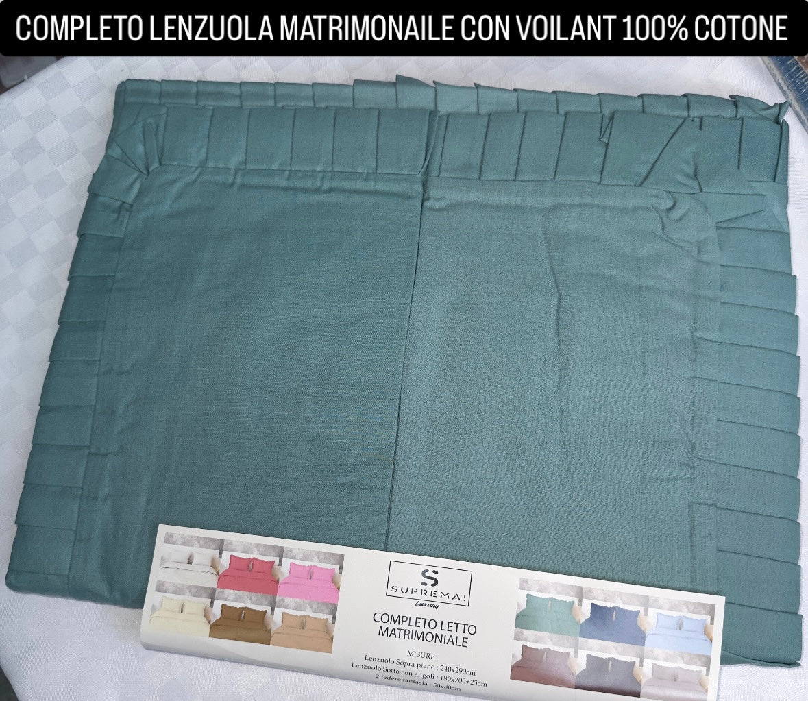 COMPLETO LENZUOLA MATRIMONIALE CON VOILANT IN COTONE Lenzuolo sopra, Lenzuolo sotto con angoli e Due Federe