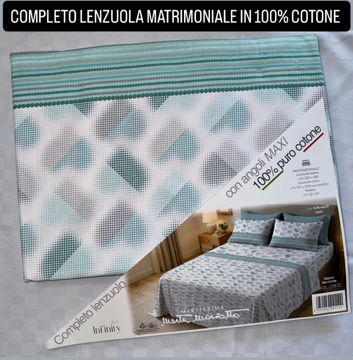 COMPLETO LENZUOLA MATRIMONIALE IN 100% COTONE , contiene Lenzuolo sopra, Lenzuolo sotto con angoli e due Federe