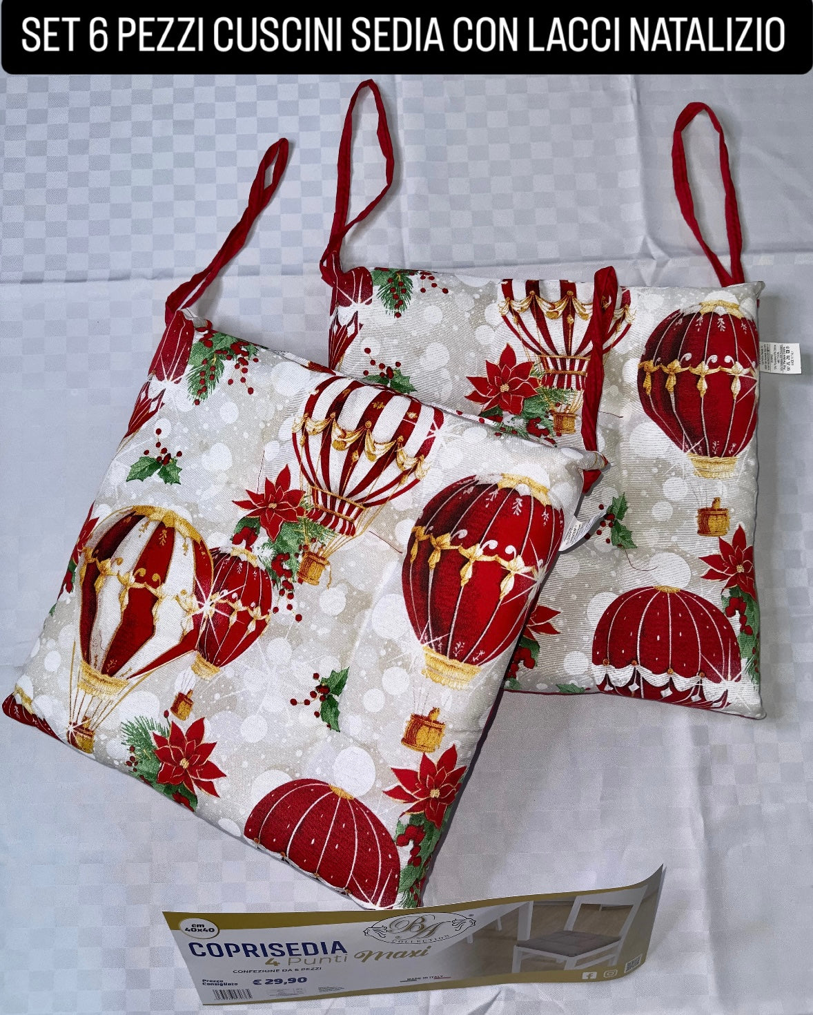 CUSCINI SEDIA CON LACCI CONFEZIONE DA 6 PEZZI NATALIZIO
