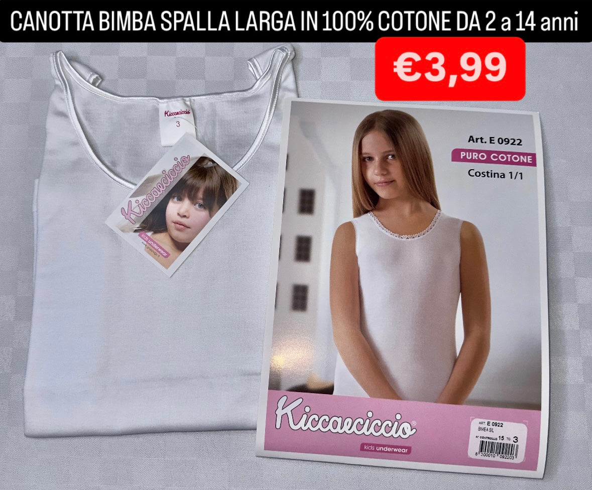 CANOTTA BIMBA SPALLA LARGA IN 100% COTONE DA 2 a 14 anni COLORE BIANCO