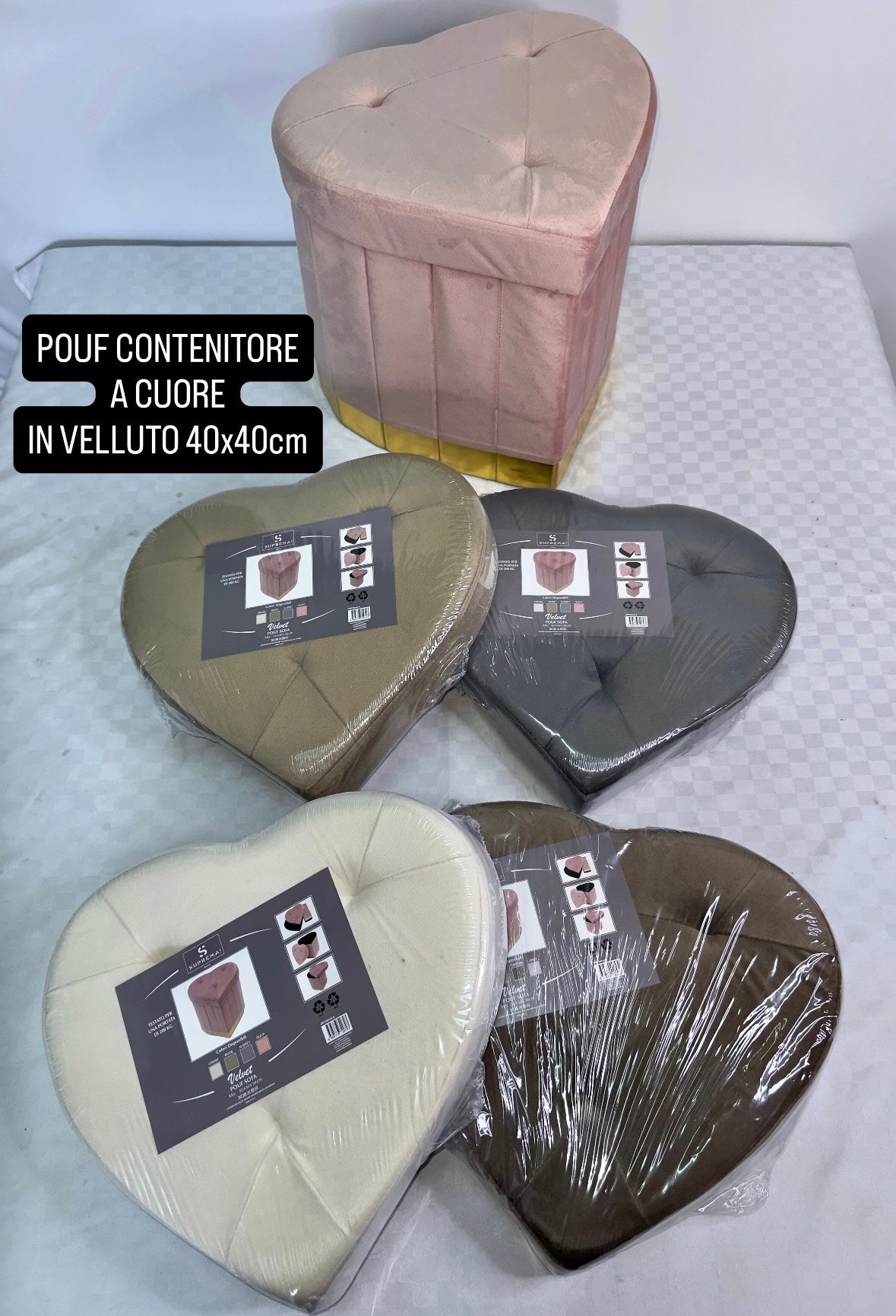 POUF CONTENITORE A FORMA DI CUORE IN VELLUTO 40x40cm