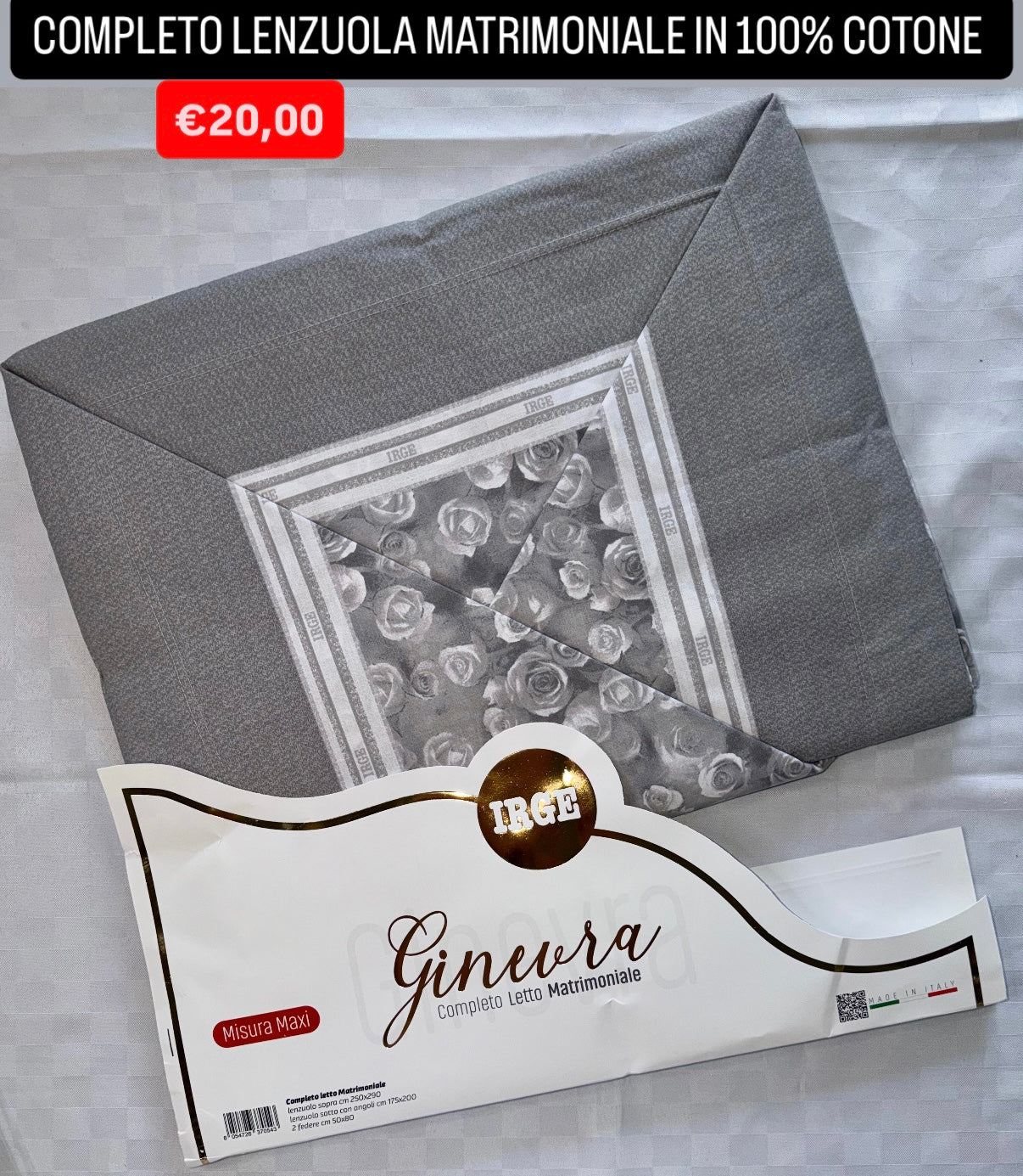COMPLETO LENZUOLA MATRIMONIALE IN 100% COTONE , contiene Lenzuolo sopra, Lenzuolo sotto con angoli e due Federe