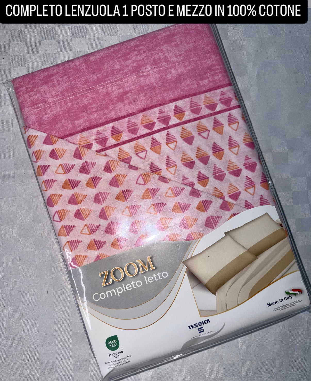 COMPLETO LENZUOLA 1 POSTO E MEZZO IN 100% COTONE Lenzuolo sopra, Lenzuolo sotto con angoli e Federe