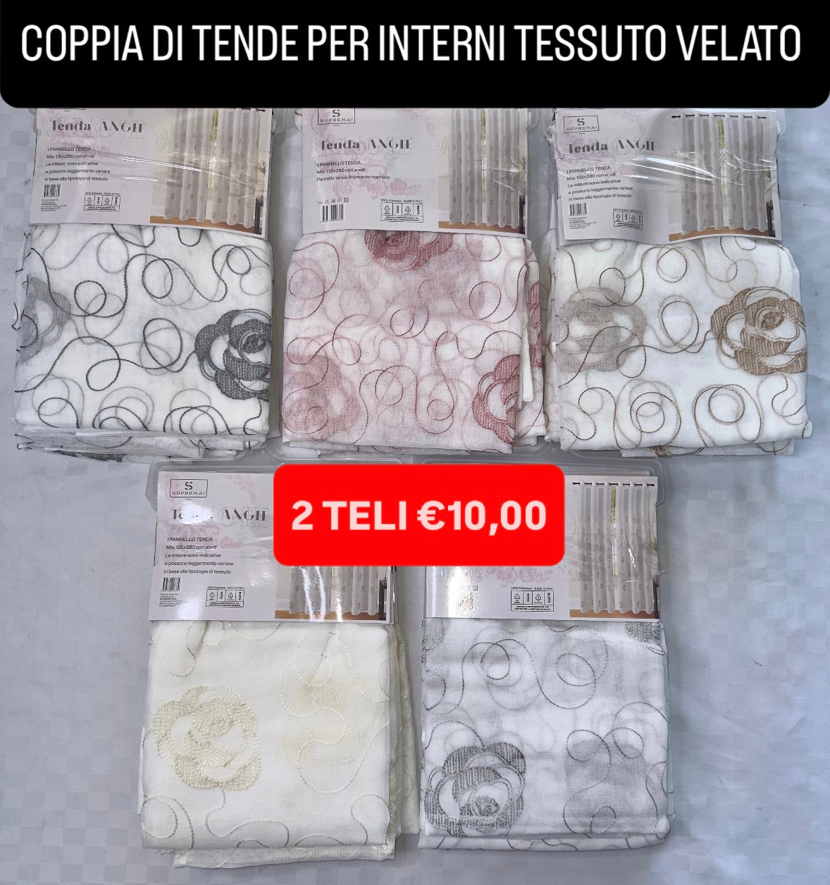 COPPIA DI TENDE PER INTERNI VELATE CONFEZIONE DA 2 TELI (OGNI TELO MISURA 140x280cm)art.  Fede