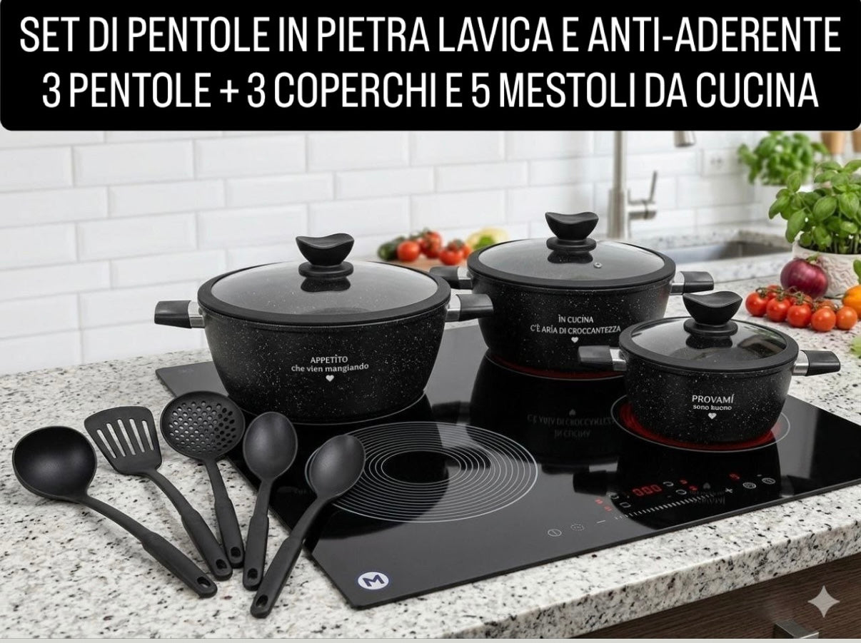 SET PENTOLE BAVARIA IN PIETRA LAVICA E ANTI-ADERENTE contiene 3 PENTOLE ,3 COPERCHI e 5 MESTOLI DA CUCINA