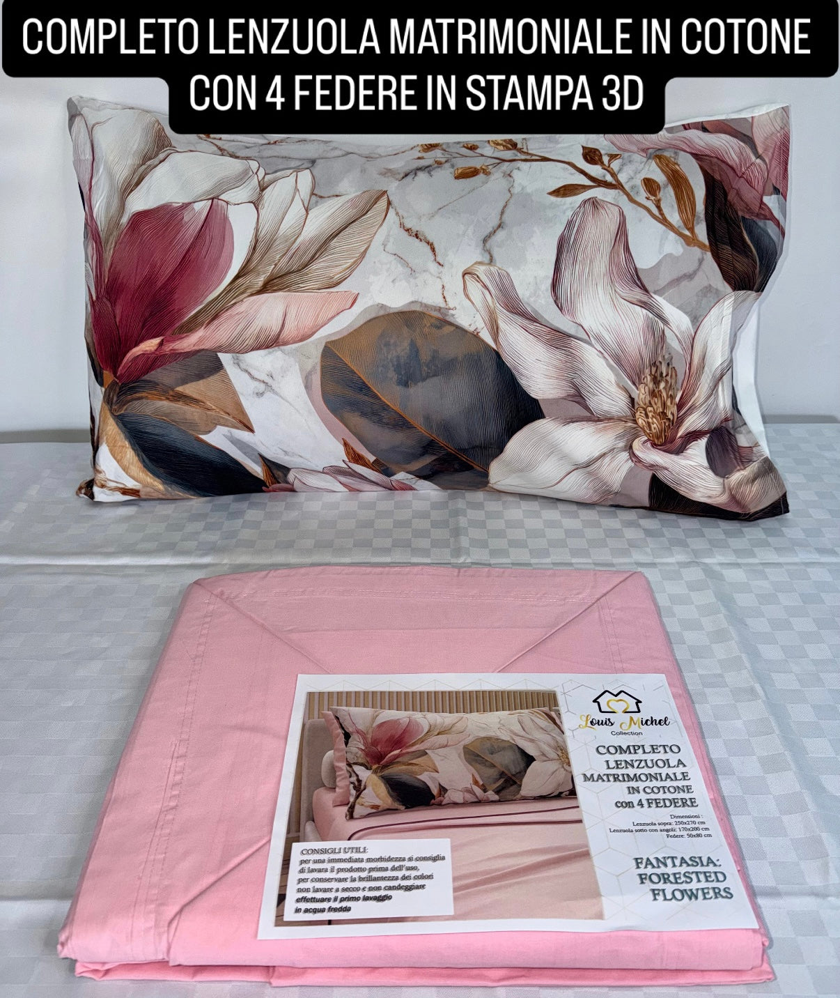 COMPLETO LENZUOLA MATRIMONIALE IN COTONE contiene LENZUOLO SOPRA, LENZUOLO SOTTO E 4 FEDERE IN STAMPA 3D