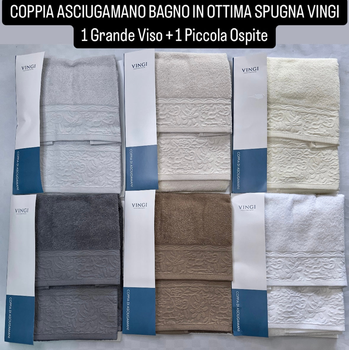 COPPIA DI ASCIUGAMANI VINGI IN OTTIMA SPUGNA 1 Grande Viso + 1 Piccola Ospite art.Livia