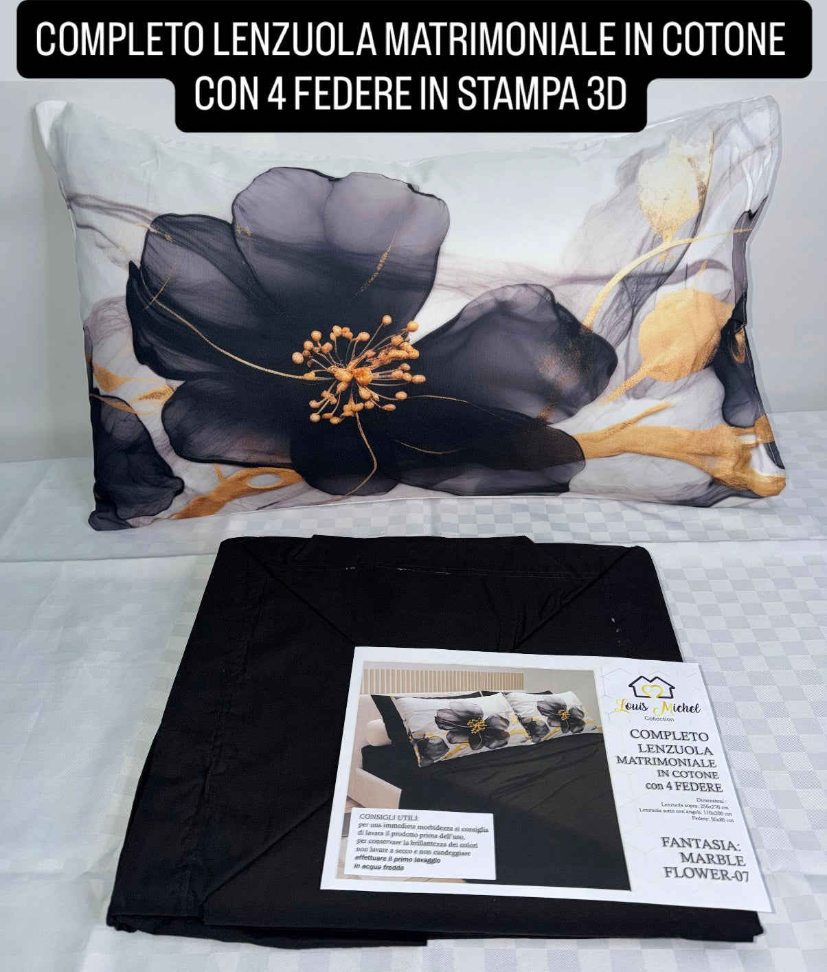 COMPLETO LENZUOLA MATRIMONIALE IN COTONE contiene LENZUOLO SOPRA, LENZUOLO SOTTO E 4 FEDERE IN STAMPA 3D