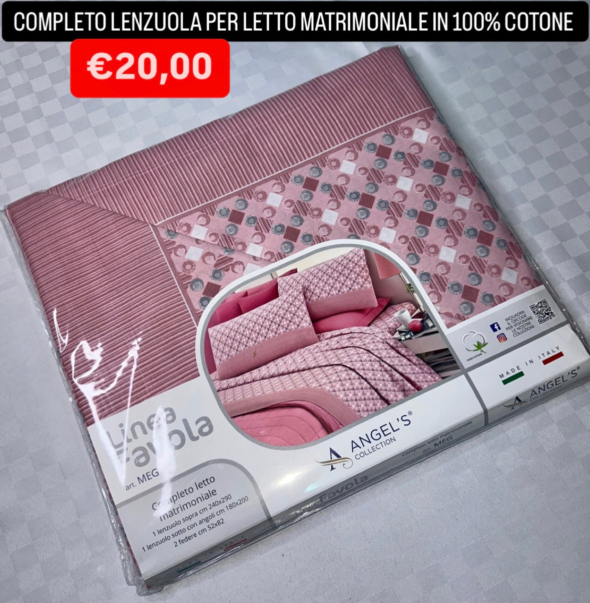 COMPLETO LENZUOLA MATRIMONIALE IN 100% COTONE Lenzuolo sopra, Lenzuolo sotto con angoli e Federe