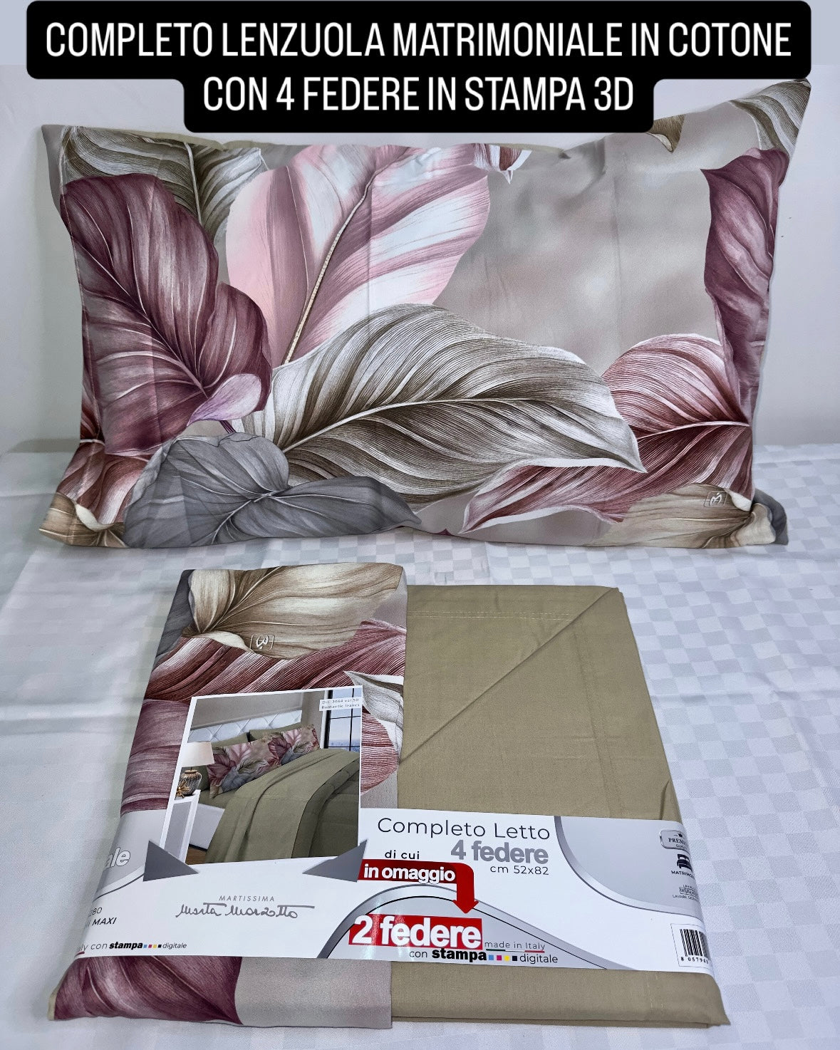 COMPLETO LENZUOLA MATRIMONIALE IN COTONE, LENZUOLO SOPRA, LENZUOLO SOTTO E 4 FEDERE IN STAMPA 3D.