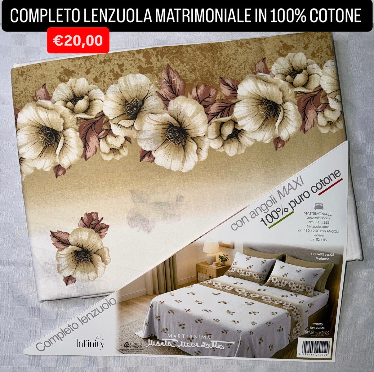 COMPLETO LENZUOLA MATRIMONIALE IN 100% COTONE , contiene Lenzuolo sopra, Lenzuolo sotto con angoli e due Federe